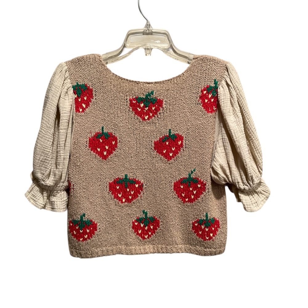 Free People Strawberry Fields Knit Crop Beige Sweater Peasant Sleeves- Medium - Picture 3 of 7